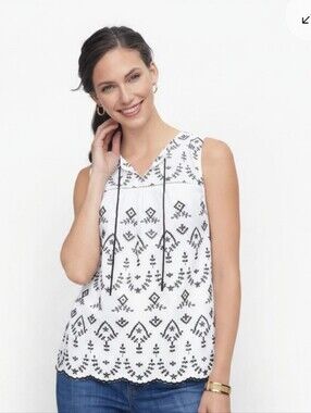 Talbots Linen Blend Embroidered Scallop Hem Top